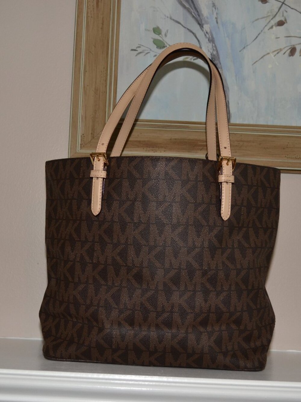 Michael Kors Brown Monogram Pebbles leather Jet Set Logo Large Pocket Tote Bag - Picture 3 of 9